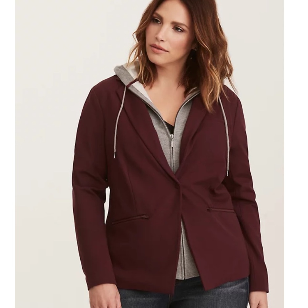 TORRID PONTE & FRENCH TERRY LAYERED HOODED BLAZER